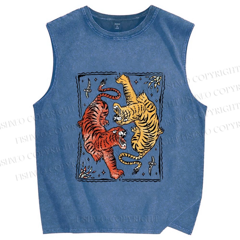 Unisex Double Tiger Printed Washed Tank Top