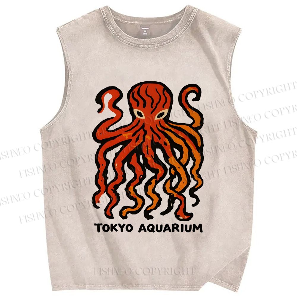 Unisex Tokyo Aquarium Octopus Printed Washed Tank Top