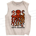 Unisex Tokyo Aquarium Octopus Printed Washed Tank Top