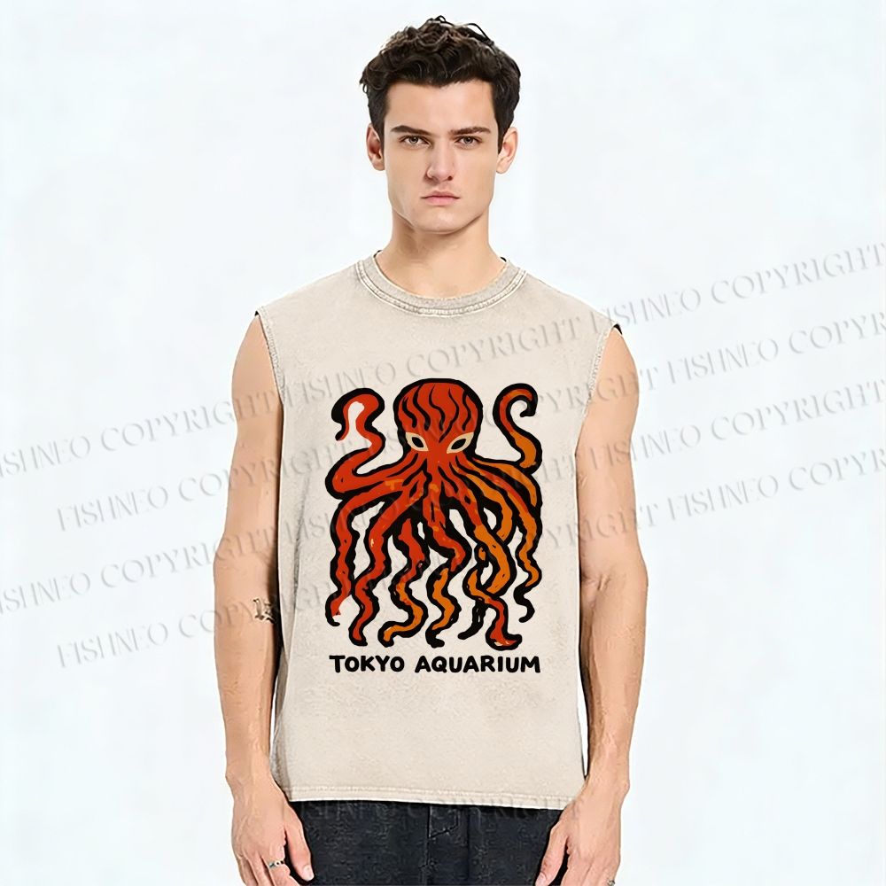 Unisex Tokyo Aquarium Octopus Printed Washed Tank Top
