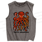 Unisex Tokyo Aquarium Octopus Printed Washed Tank Top
