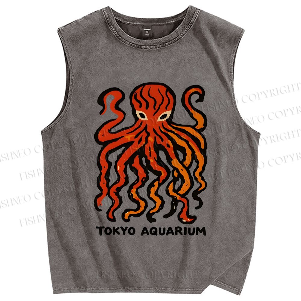 Unisex Tokyo Aquarium Octopus Printed Washed Tank Top