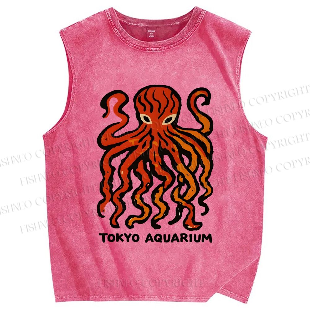 Unisex Tokyo Aquarium Octopus Printed Washed Tank Top