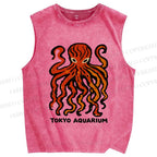 Unisex Tokyo Aquarium Octopus Printed Washed Tank Top