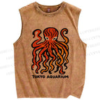Unisex Tokyo Aquarium Octopus Printed Washed Tank Top