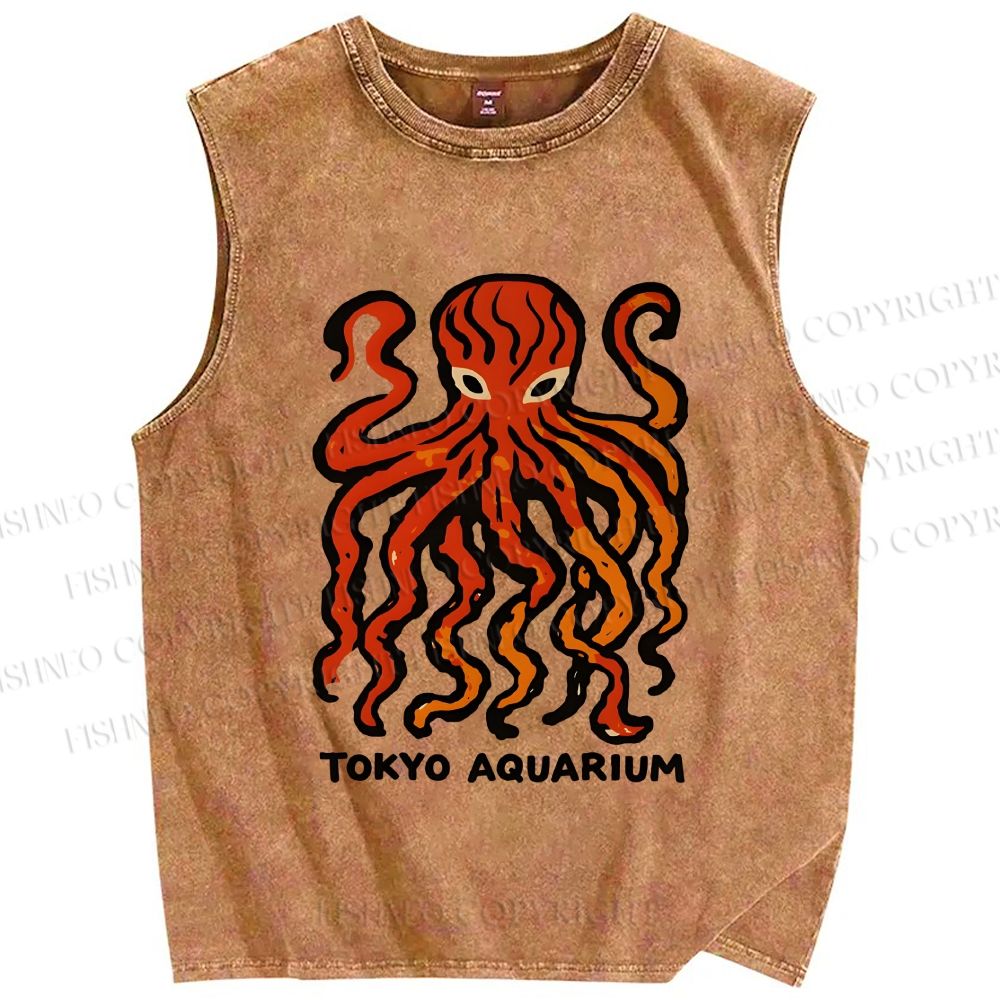 Unisex Tokyo Aquarium Octopus Printed Washed Tank Top
