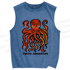 Unisex Tokyo Aquarium Octopus Printed Washed Tank Top