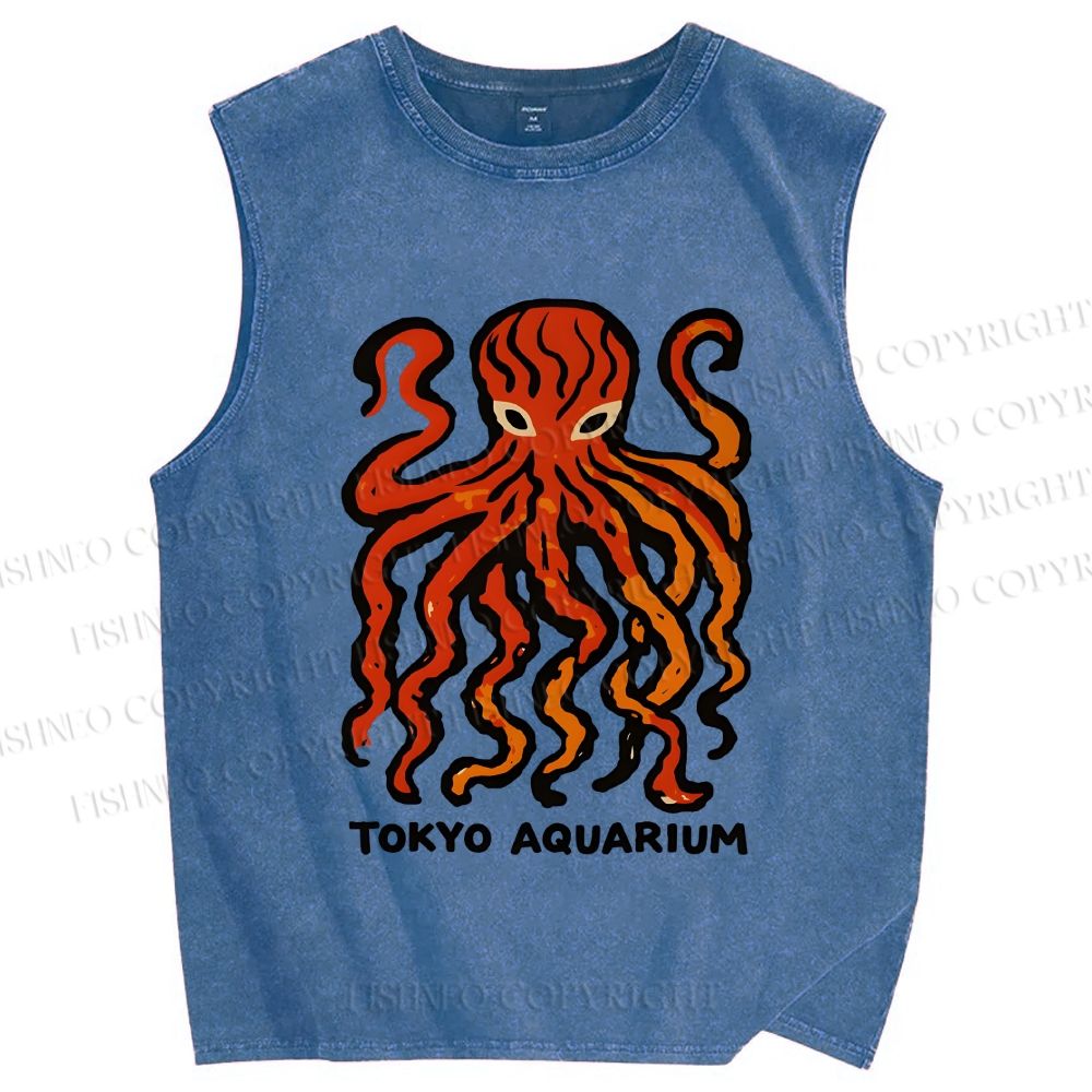 Unisex Tokyo Aquarium Octopus Printed Washed Tank Top