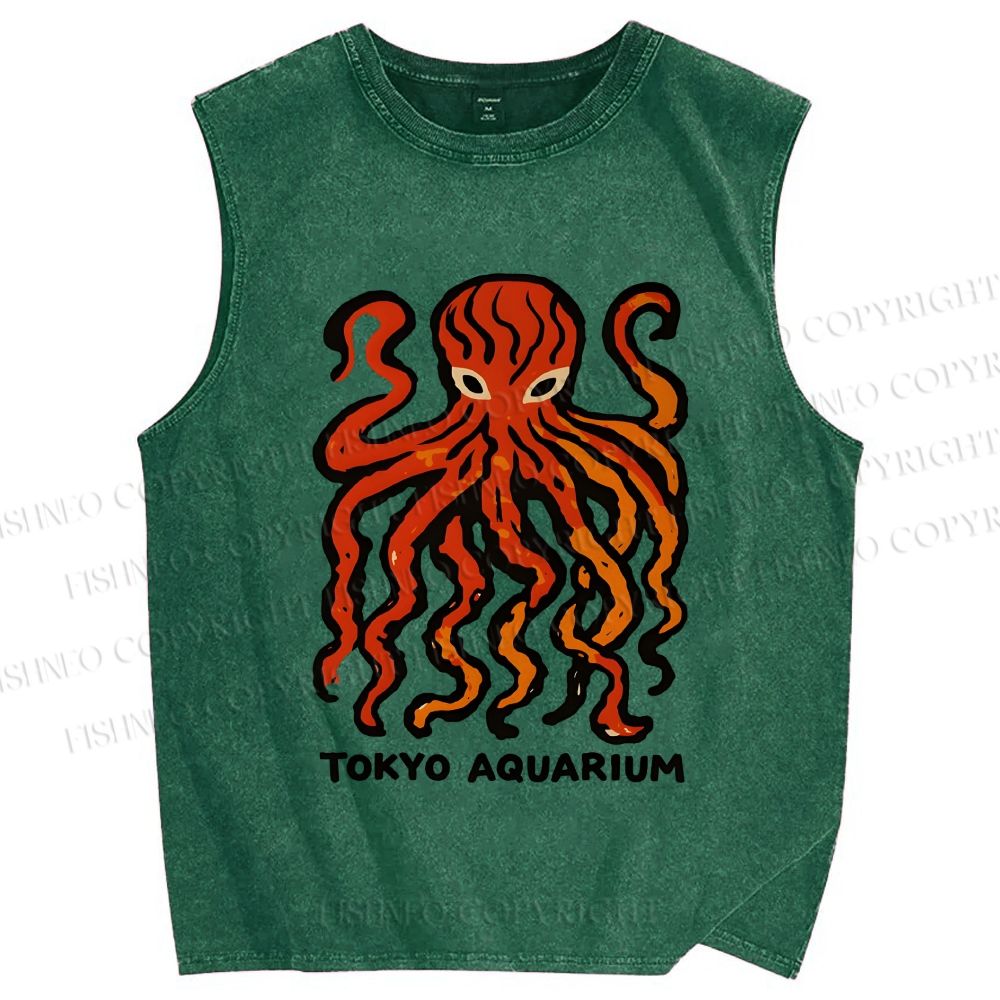 Unisex Tokyo Aquarium Octopus Printed Washed Tank Top