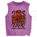 Unisex Tokyo Aquarium Octopus Printed Washed Tank Top