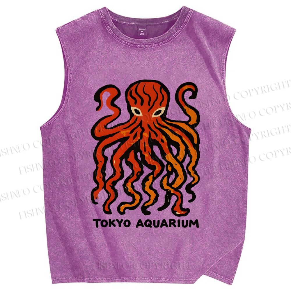 Unisex Tokyo Aquarium Octopus Printed Washed Tank Top