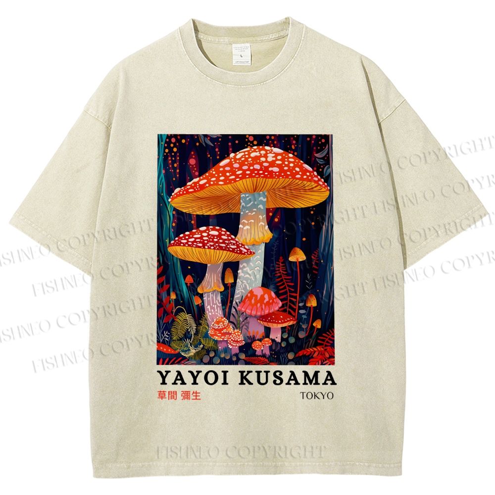 Unisex Yayoi Kusama Colorful Mushroom Printed Washed Tee
