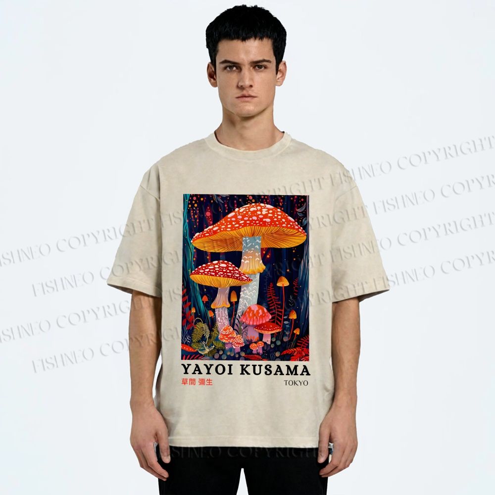 Unisex Yayoi Kusama Colorful Mushroom Printed Washed Tee