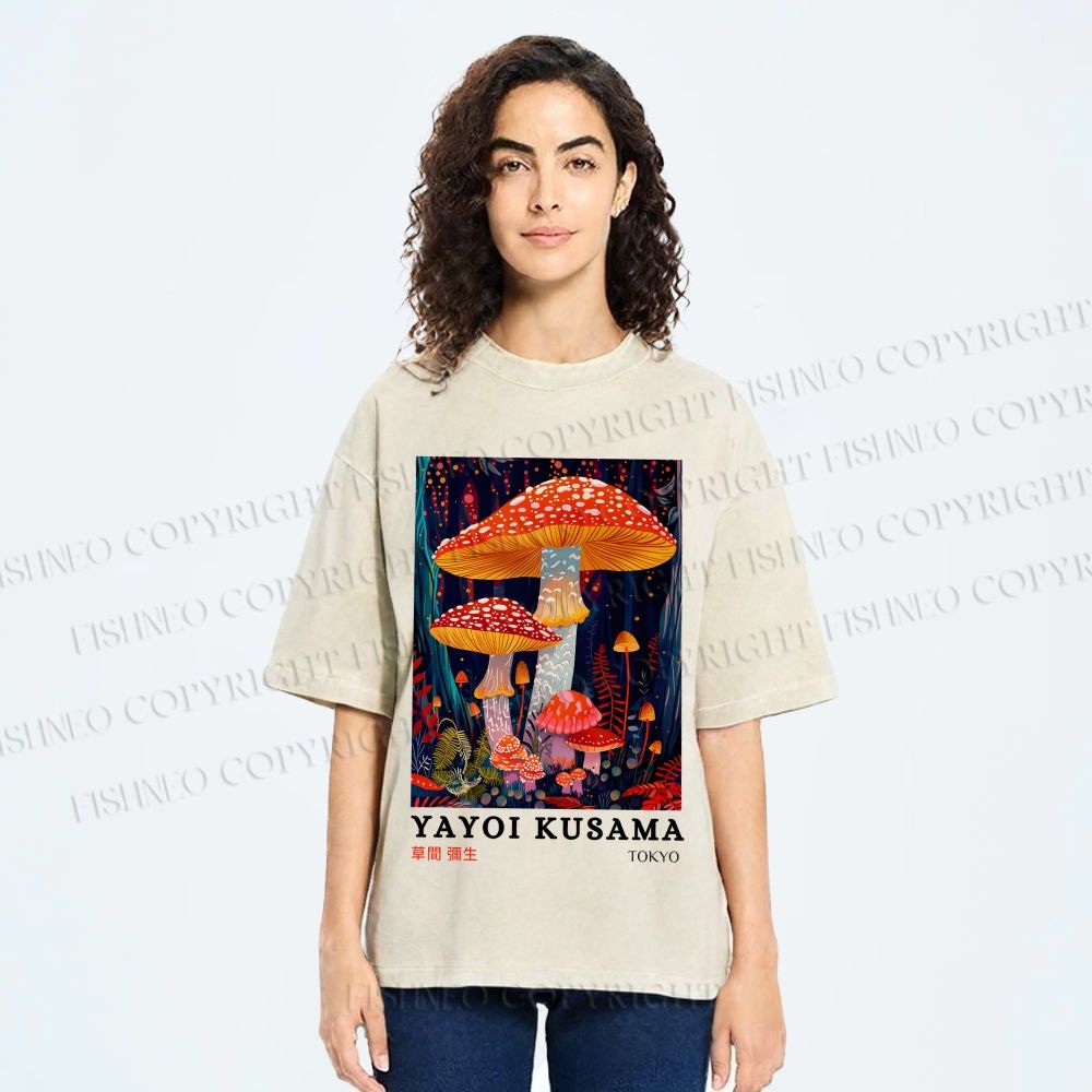 Unisex Yayoi Kusama Colorful Mushroom Printed Washed Tee