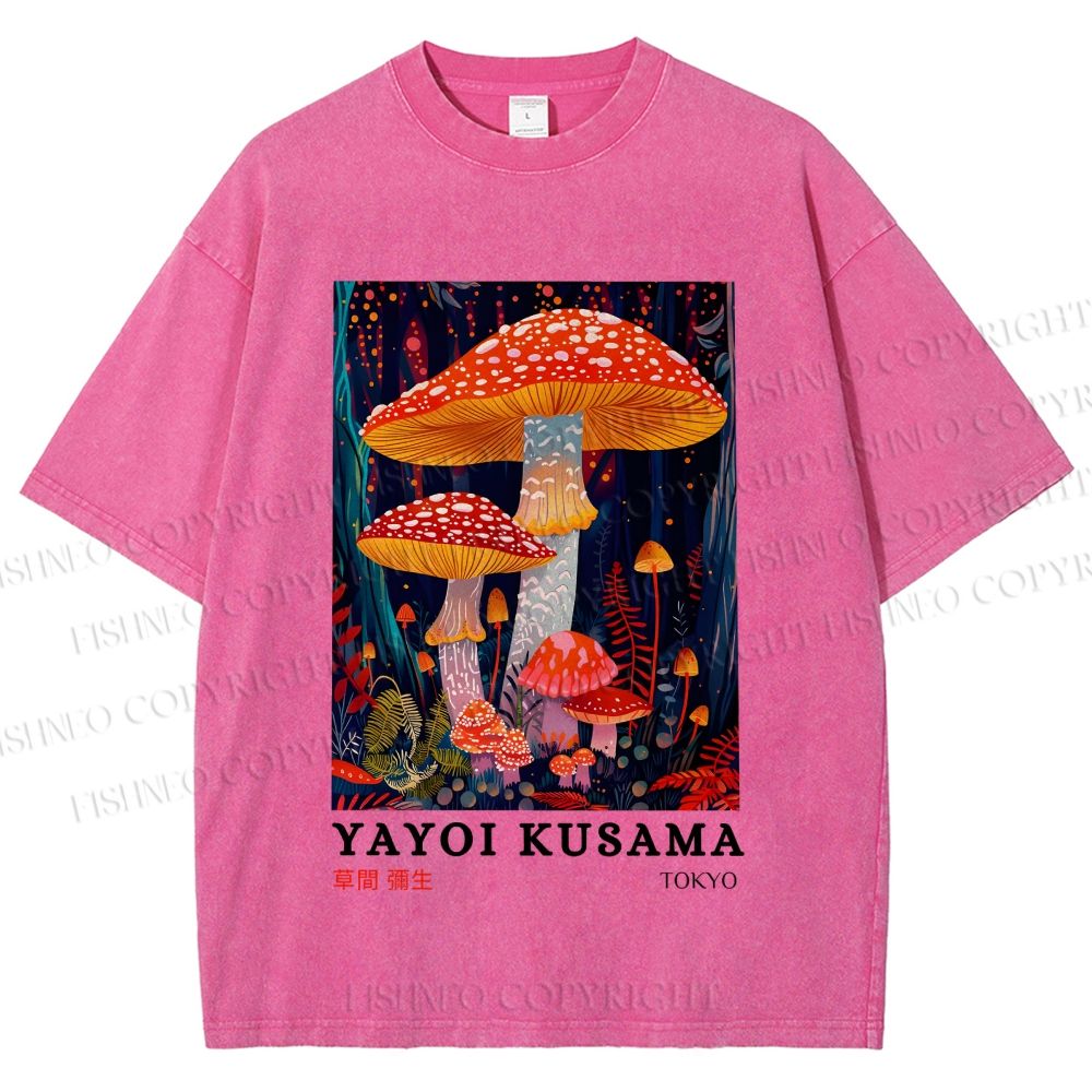 Unisex Yayoi Kusama Colorful Mushroom Printed Washed Tee