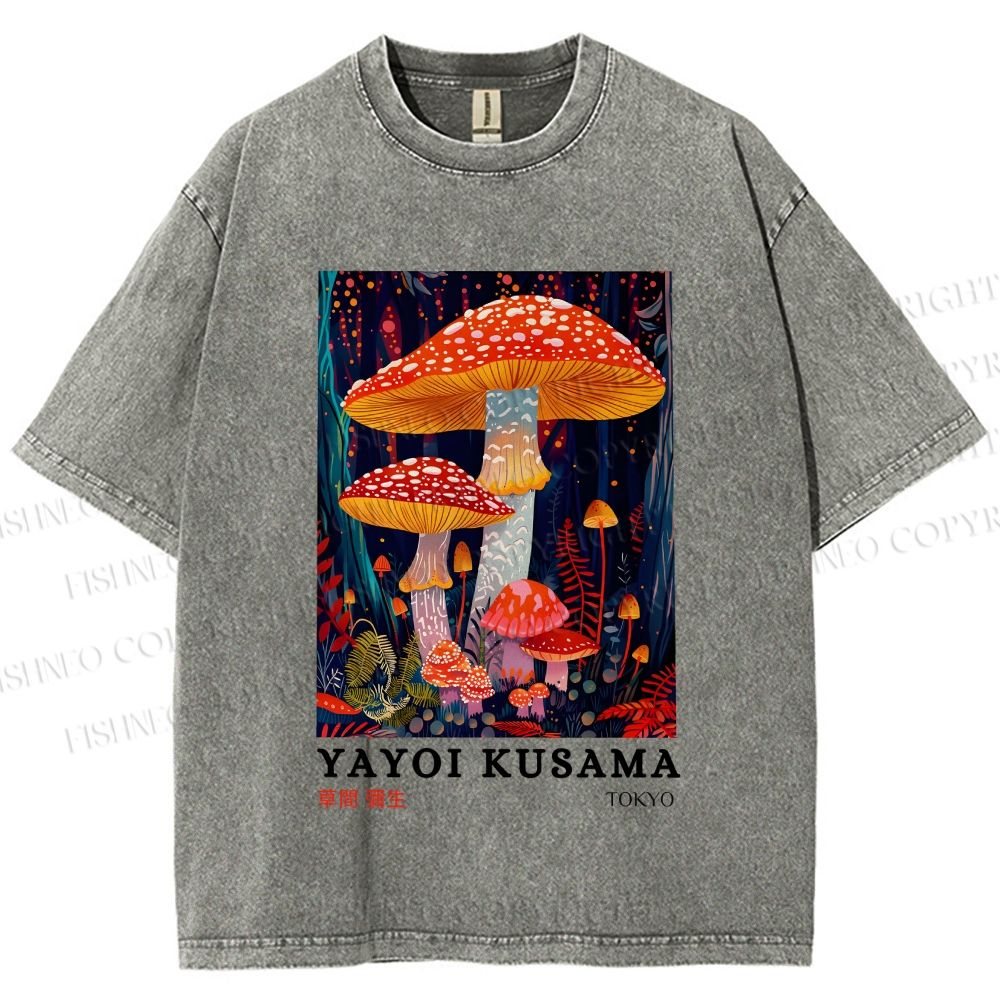 Unisex Yayoi Kusama Colorful Mushroom Printed Washed Tee