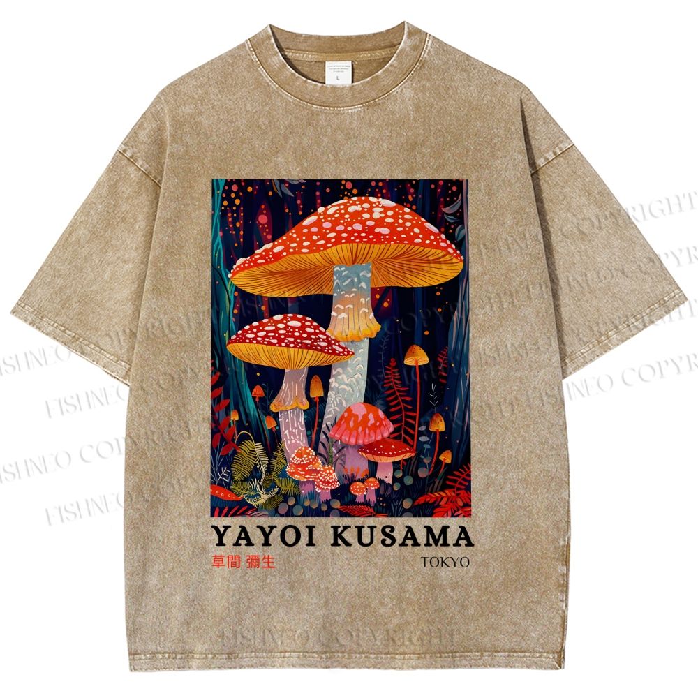 Unisex Yayoi Kusama Colorful Mushroom Printed Washed Tee