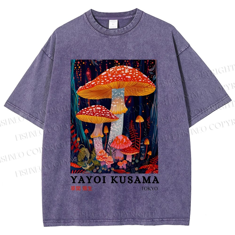 Unisex Yayoi Kusama Colorful Mushroom Printed Washed Tee