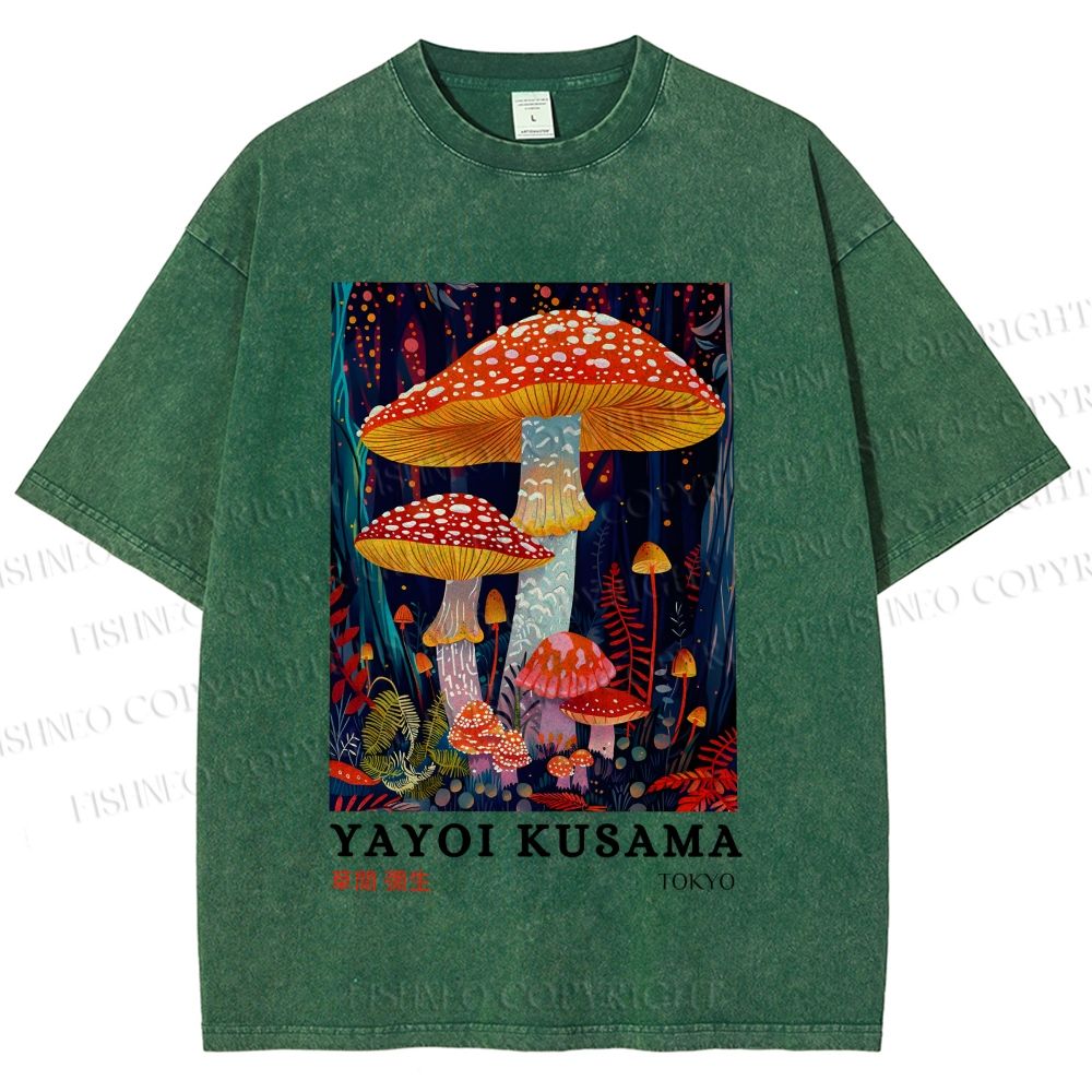 Unisex Yayoi Kusama Colorful Mushroom Printed Washed Tee