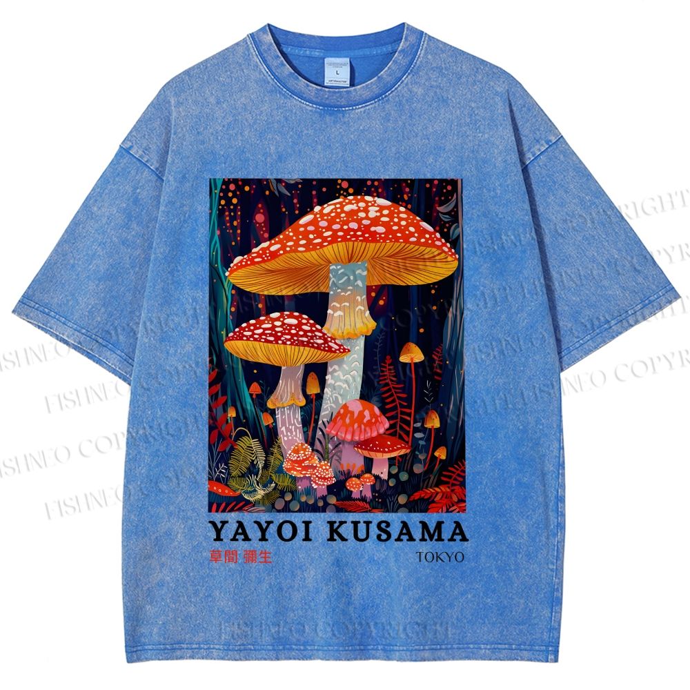 Unisex Yayoi Kusama Colorful Mushroom Printed Washed Tee