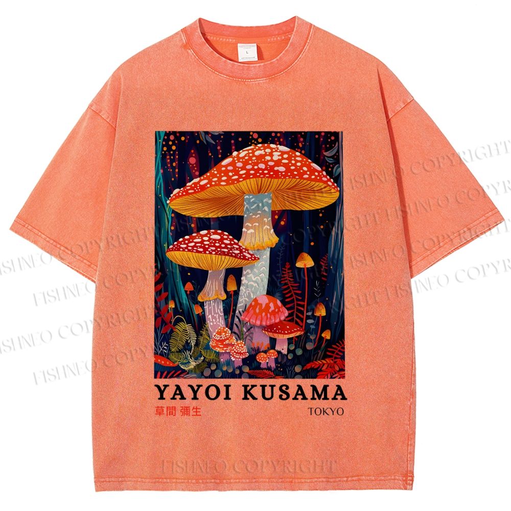 Unisex Yayoi Kusama Colorful Mushroom Printed Washed Tee