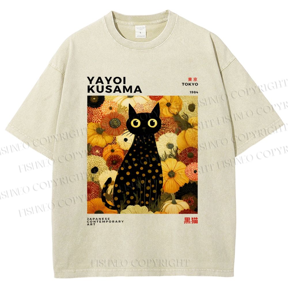 Unisex Yayoi Kusama Flower Cat Printed Washed Tee