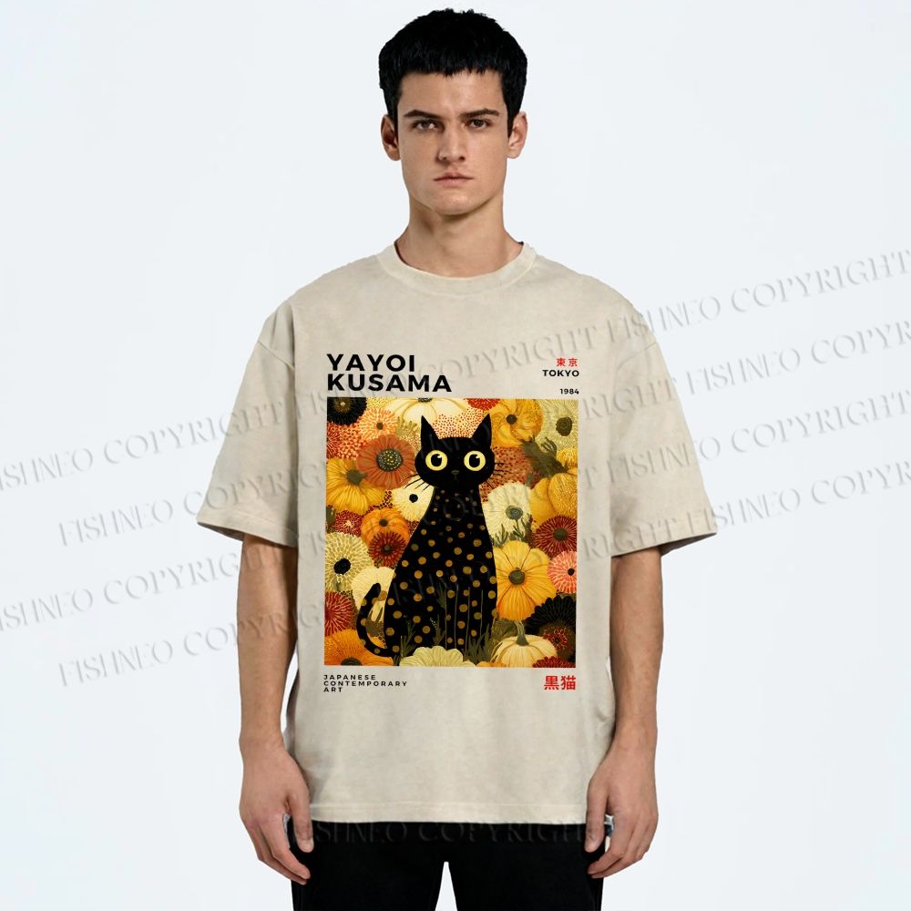 Unisex Yayoi Kusama Flower Cat Printed Washed Tee
