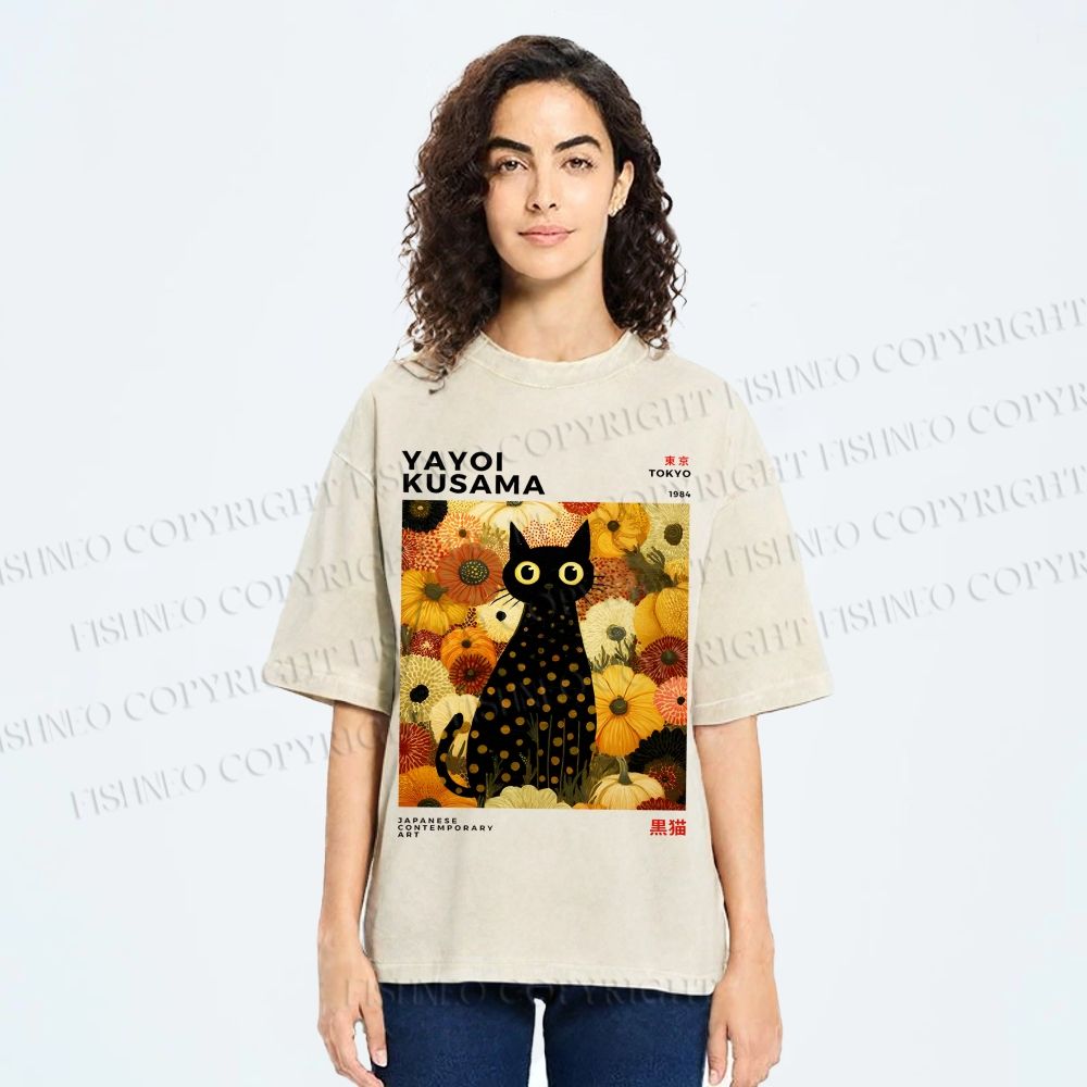 Unisex Yayoi Kusama Flower Cat Printed Washed Tee