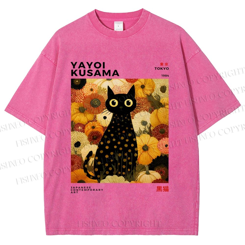 Unisex Yayoi Kusama Flower Cat Printed Washed Tee