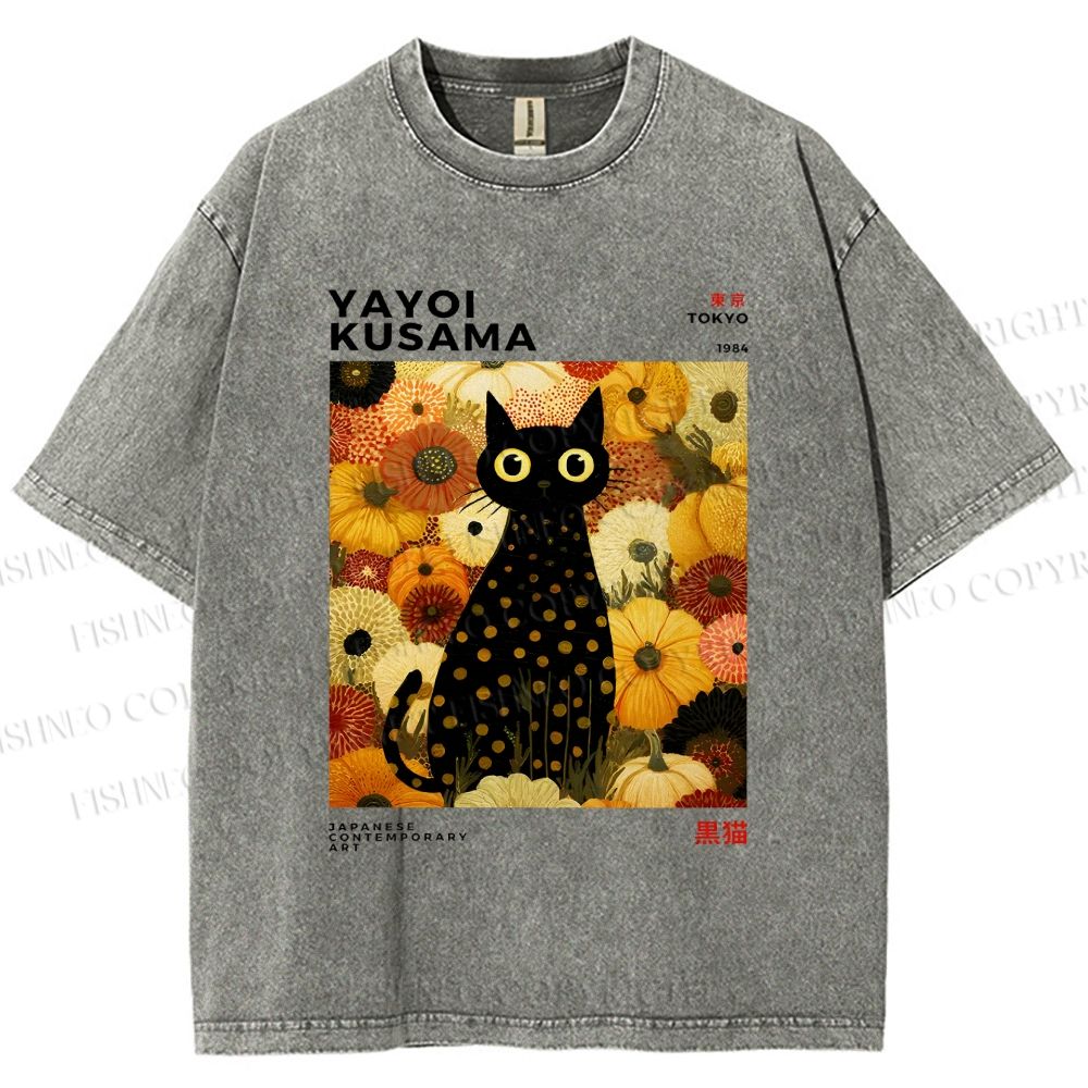 Unisex Yayoi Kusama Flower Cat Printed Washed Tee