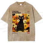 Unisex Yayoi Kusama Flower Cat Printed Washed Tee