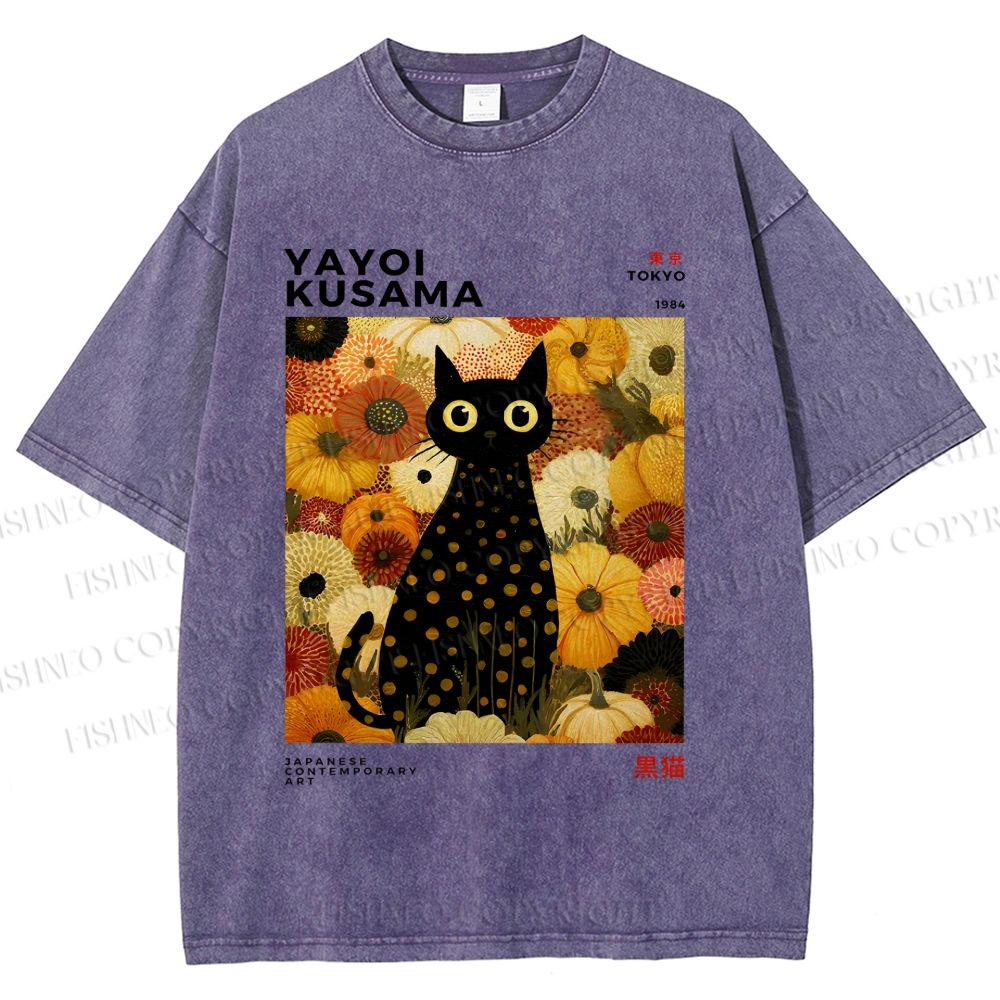 Unisex Yayoi Kusama Flower Cat Printed Washed Tee
