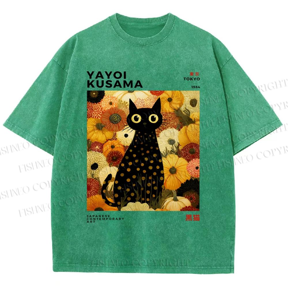 Unisex Yayoi Kusama Flower Cat Printed Washed Tee