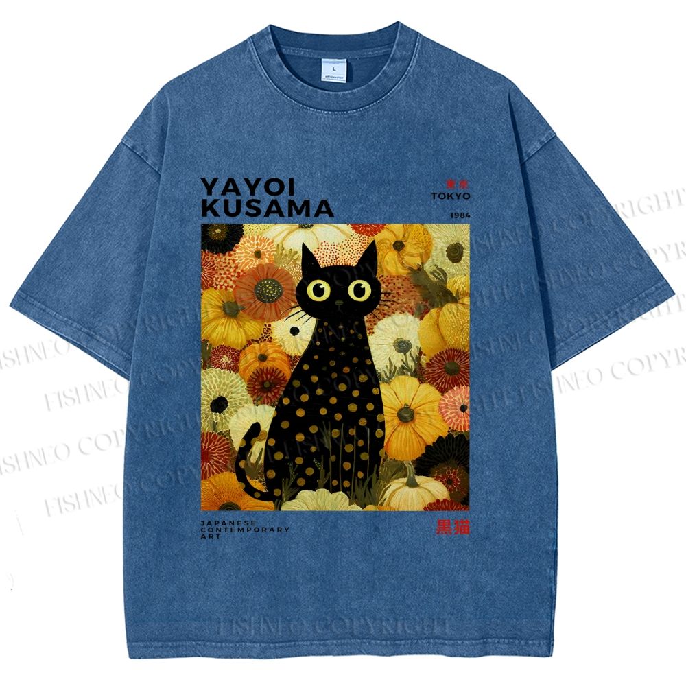 Unisex Yayoi Kusama Flower Cat Printed Washed Tee