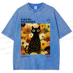 Unisex Yayoi Kusama Flower Cat Printed Washed Tee