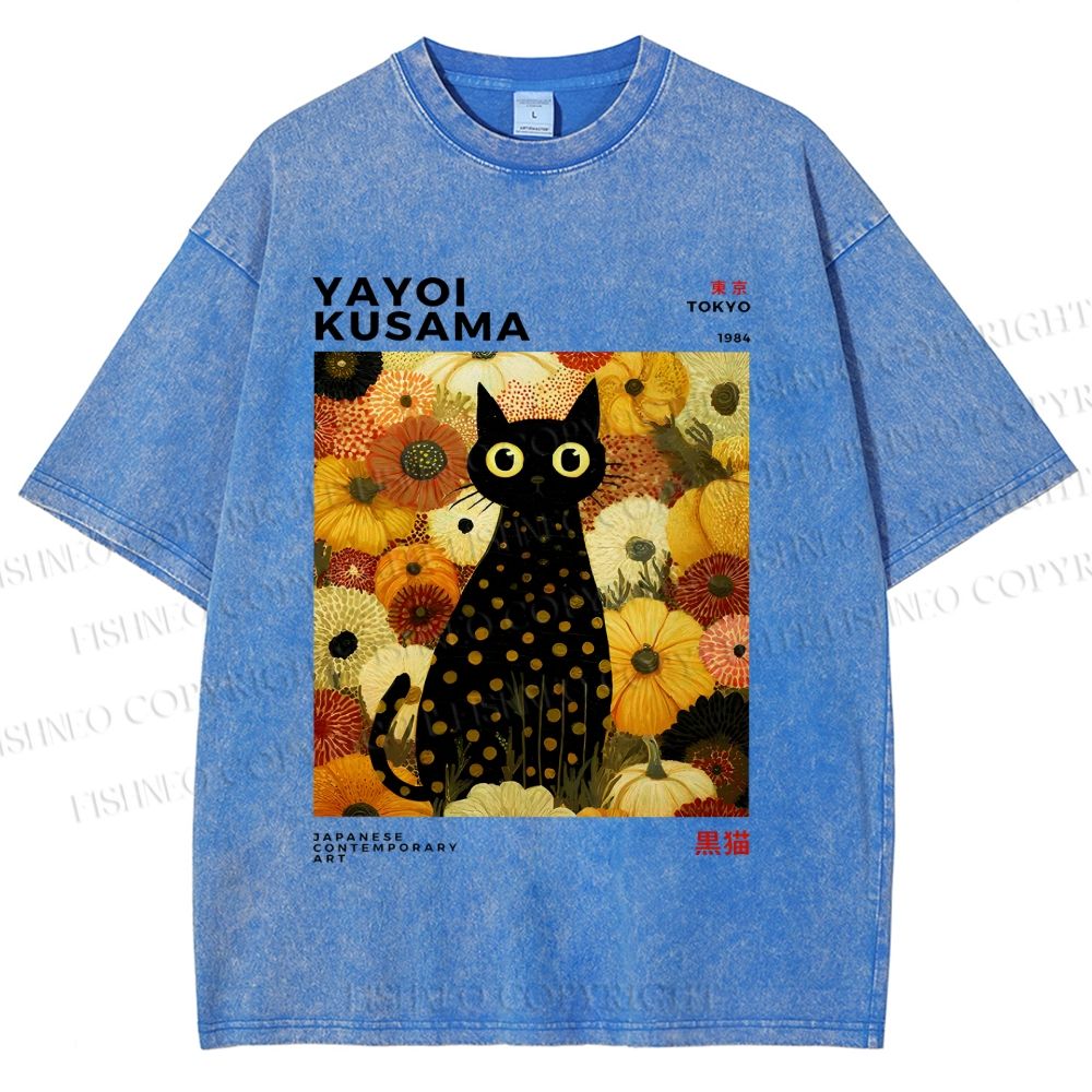 Unisex Yayoi Kusama Flower Cat Printed Washed Tee