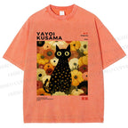 Unisex Yayoi Kusama Flower Cat Printed Washed Tee