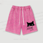 Judging Silently Cat Printed Washed Vintage Shorts