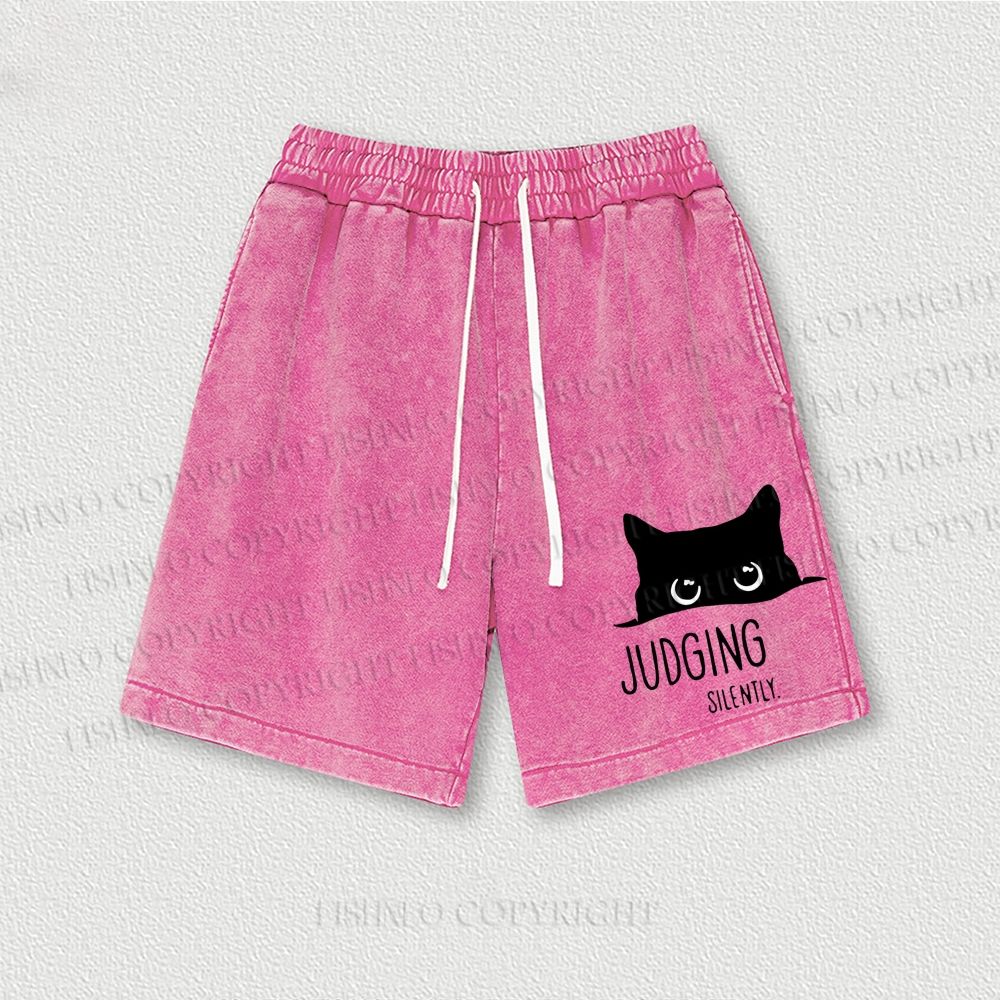 Judging Silently Cat Printed Washed Vintage Shorts