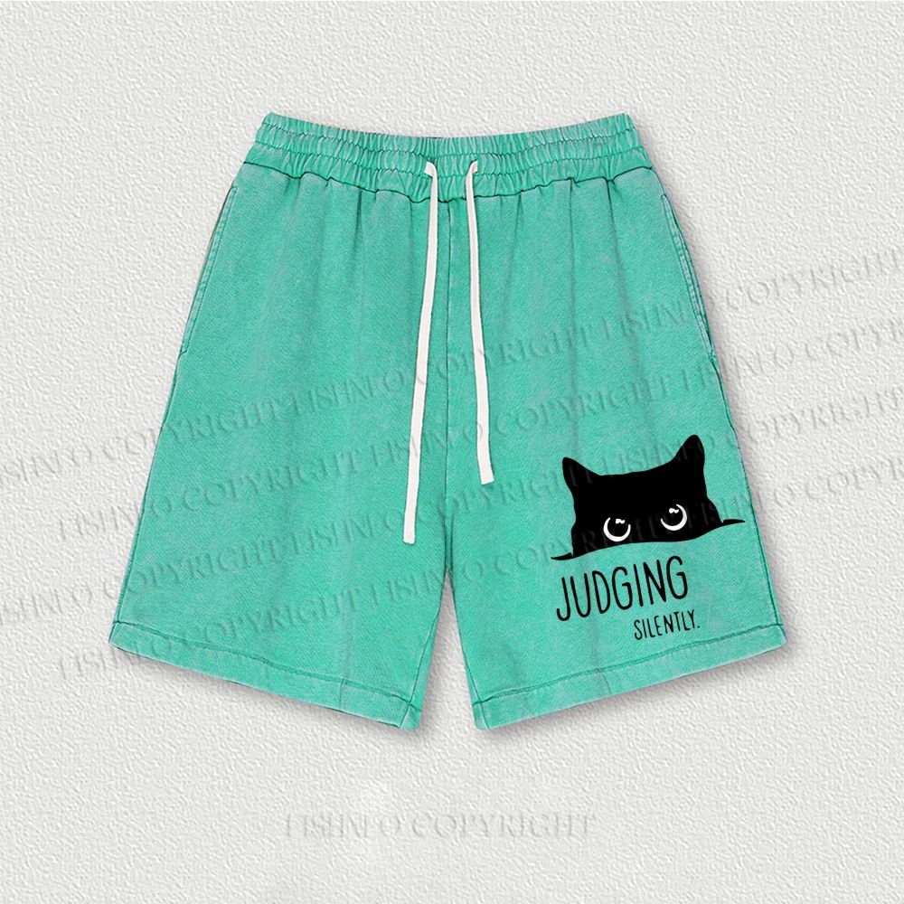 Judging Silently Cat Printed Washed Vintage Shorts