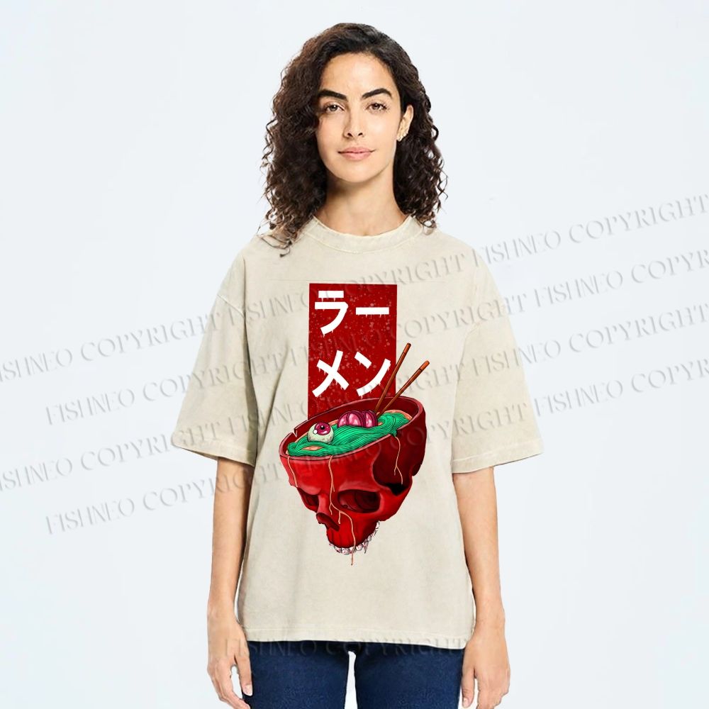 Unisex Devil Ramen Printed Washed Tee