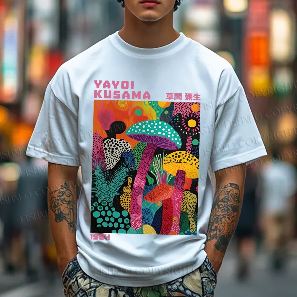 Unisex Classic Cotton Yayoi Kusama Multicolor Mushroom Printed T-shirt