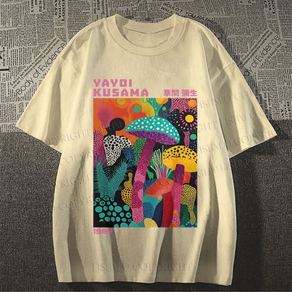 Unisex Classic Cotton Yayoi Kusama Multicolor Mushroom Printed T-shirt