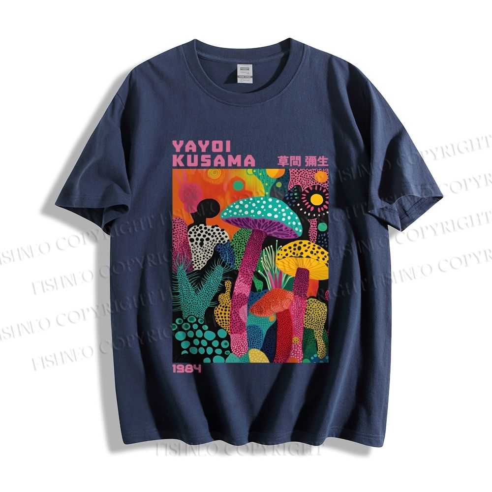Unisex Classic Cotton Yayoi Kusama Multicolor Mushroom Printed T-shirt