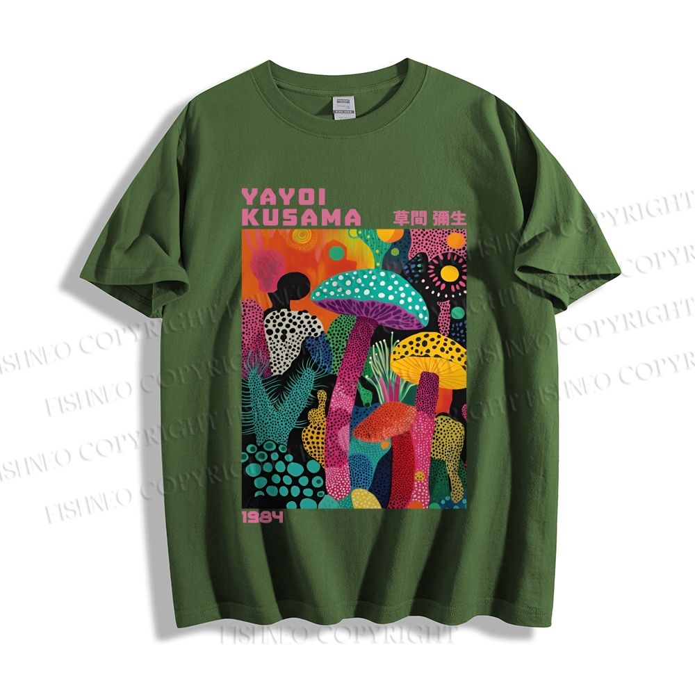 Unisex Classic Cotton Yayoi Kusama Multicolor Mushroom Printed T-shirt