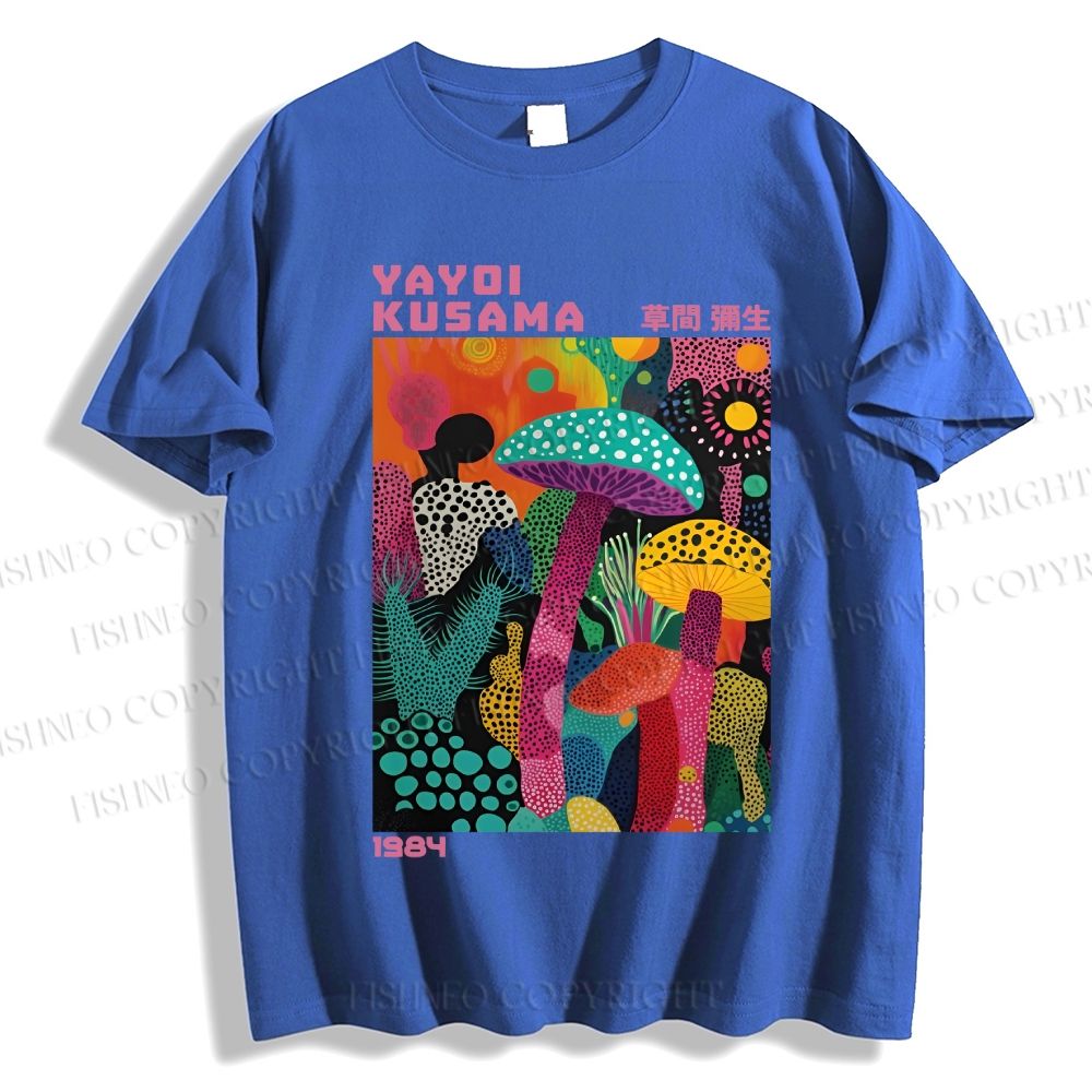 Unisex Classic Cotton Yayoi Kusama Multicolor Mushroom Printed T-shirt