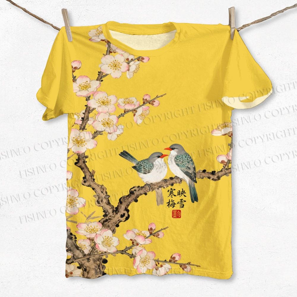 Unisex Vintage Bird in Flowers Printed Classic T-shirt