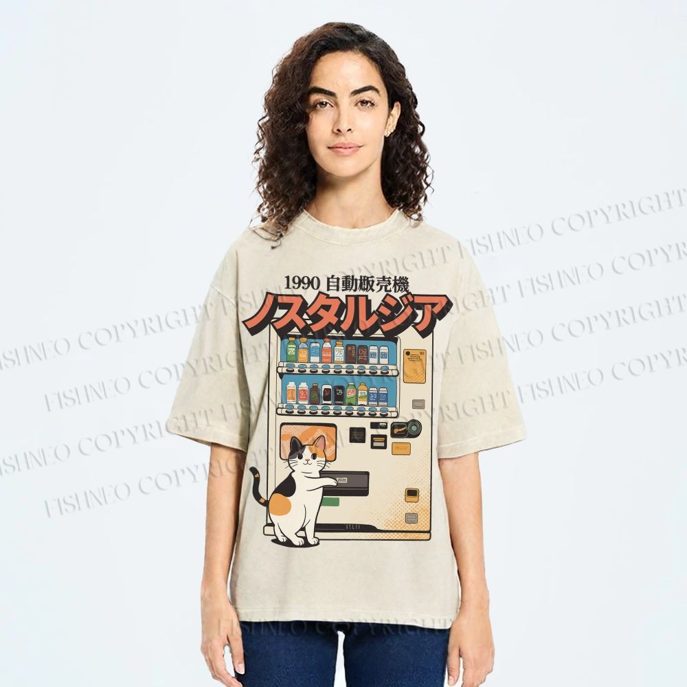 Unisex Cat Vending Machine Printed Washed Tee