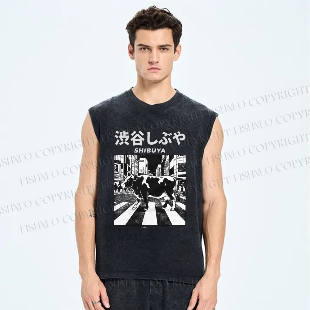 Unisex Shibuya Cows Printed Washed Tank Top