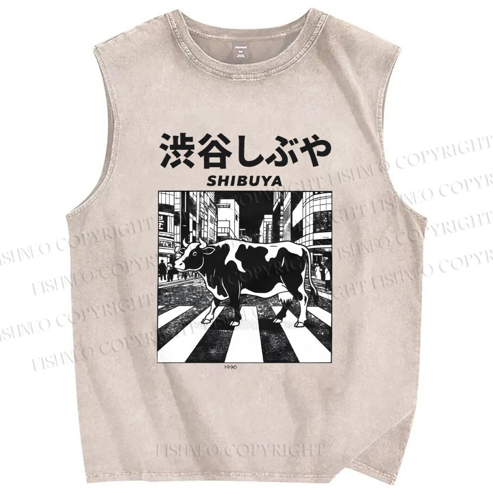 Unisex Shibuya Cows Printed Washed Tank Top